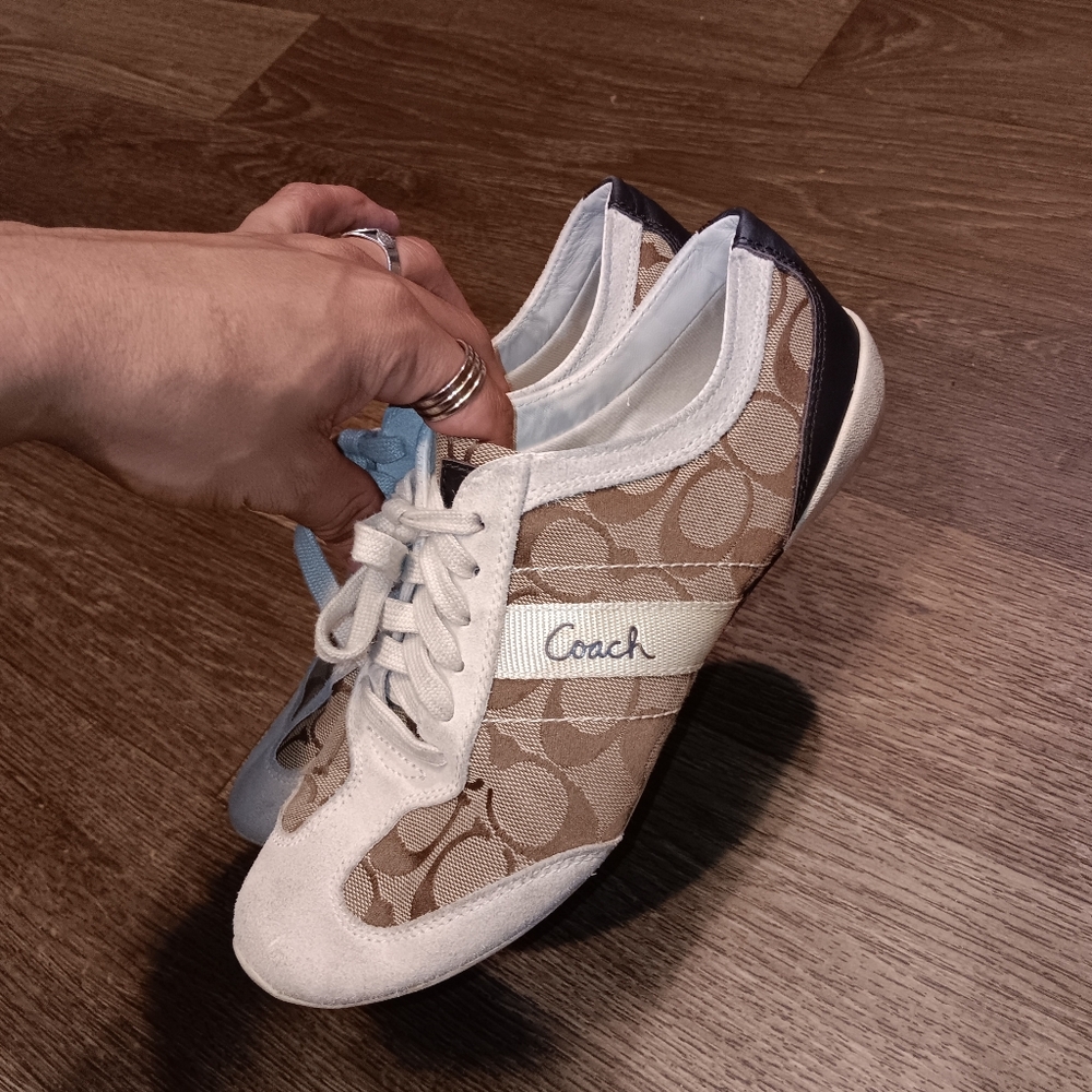 Coach Beige Signature Canvas Sneakers with White Suede Trim Sz 8m - Picture 2 of 5